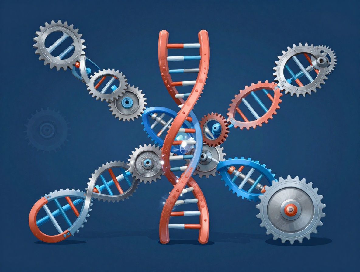 Ilustración científica abstracta de engranajes moleculares entrelazados y estructuras de ADN representando la interconexión de conocimiento científico y componentes nutricionales sobre fondo azul oscuro