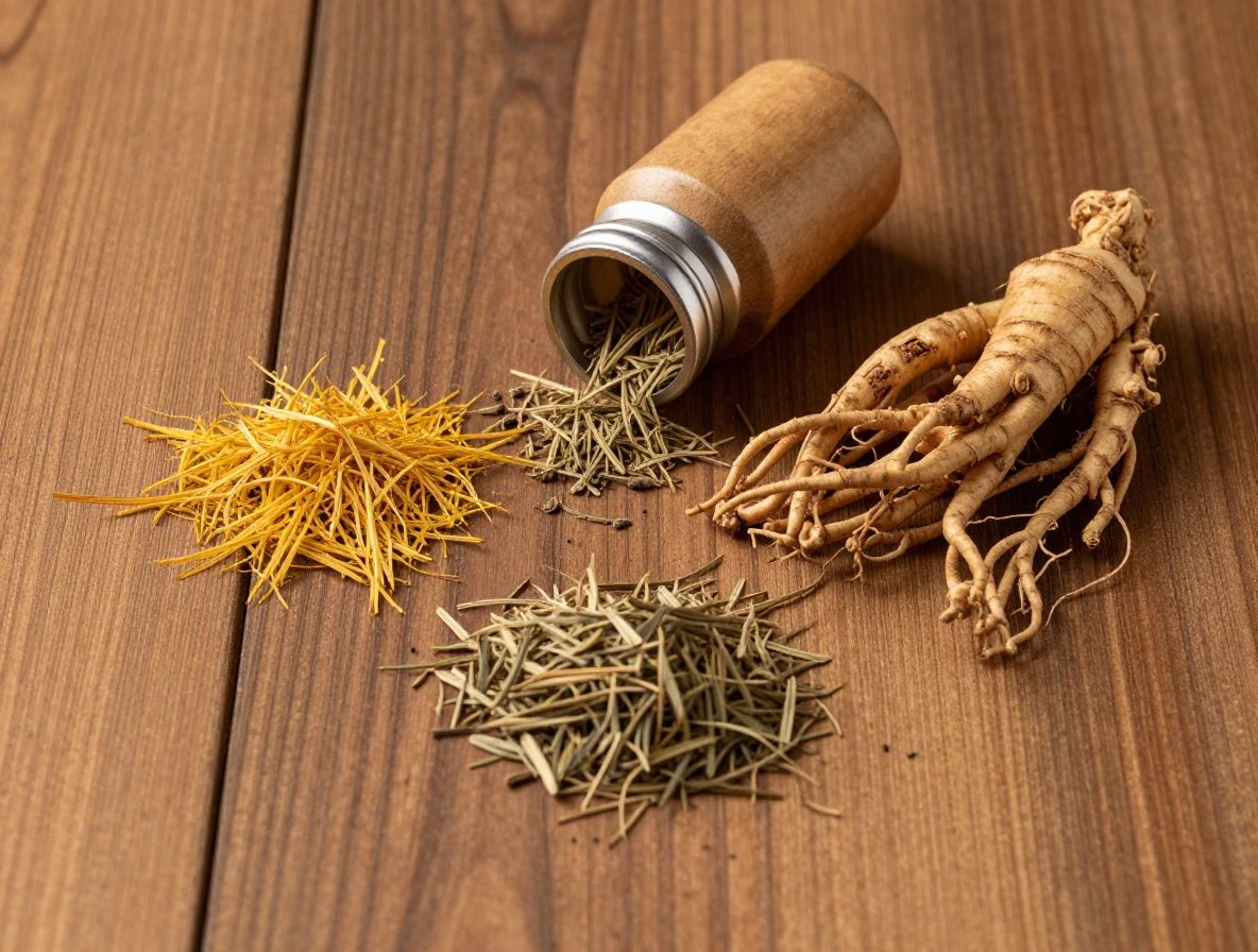 Raíces de plantas adaptógenas secas — ashwagandha, rhodiola y ginseng — sobre tabla de cortar de madera oscura con luz dramática lateral que resalta texturas fibrosas