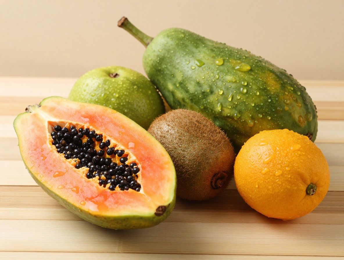 Selección de frutas tropicales ricas en vitamina C — papaya, kiwi y mandarina — sobre bandeja de bambú con gotas de agua frescas bajo luz natural suave