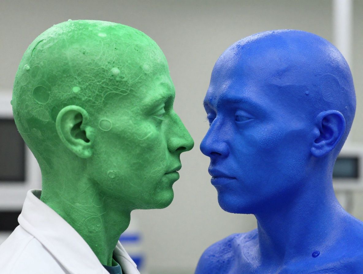 Imagen microscópica de células humanas con tinción fluorescente en azul y verde mostrando estructuras nucleares y membrana celular bajo microscopio de fluorescencia confocal