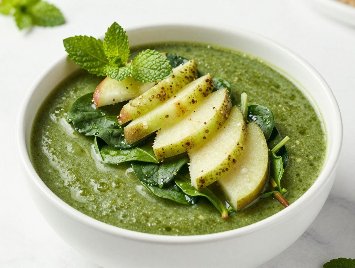 Vaso alto de batido verde de espinaca, manzana y jengibre sobre superficie de mármol blanco, decorado con hojas de menta fresca y rodaja de pepino