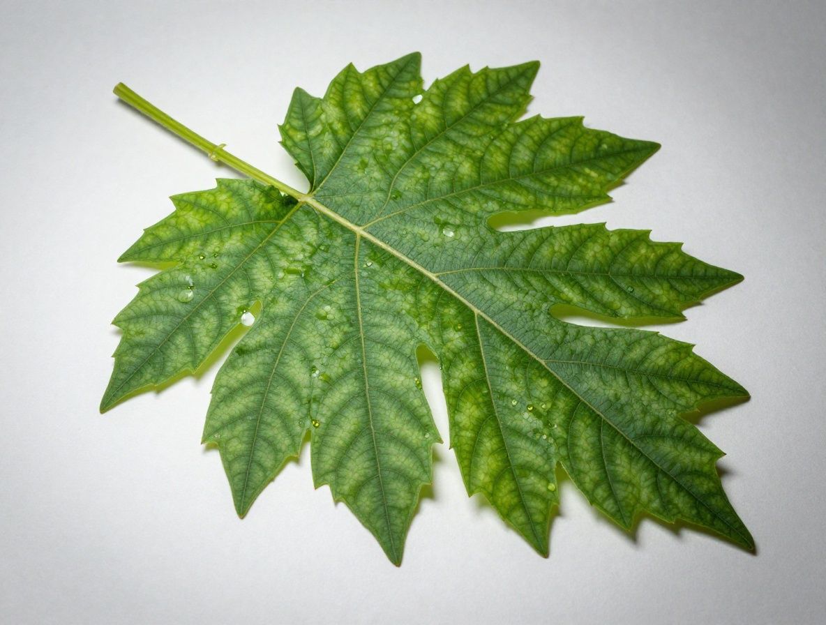 Hoja verde de planta medicinal en primer plano con venación detallada visible, iluminada desde atrás con luz suave que crea efecto translúcido sobre fondo claro