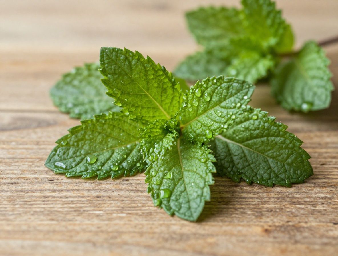 Primer plano de hierbas medicinales frescas, hojas de menta y albahaca con gotas de agua, sobre superficie de madera natural con fondo difuminado en tonos verdes