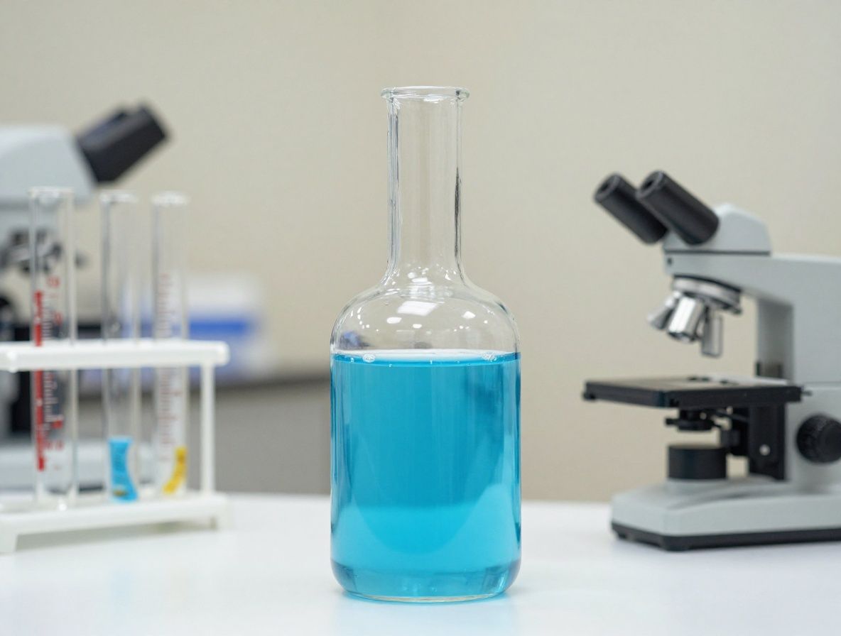 Colba de laboratorio de vidrio transparente con líquido azul bajo iluminación focal sobre fondo oscuro, rodeada de equipo científico y buretas de precisión