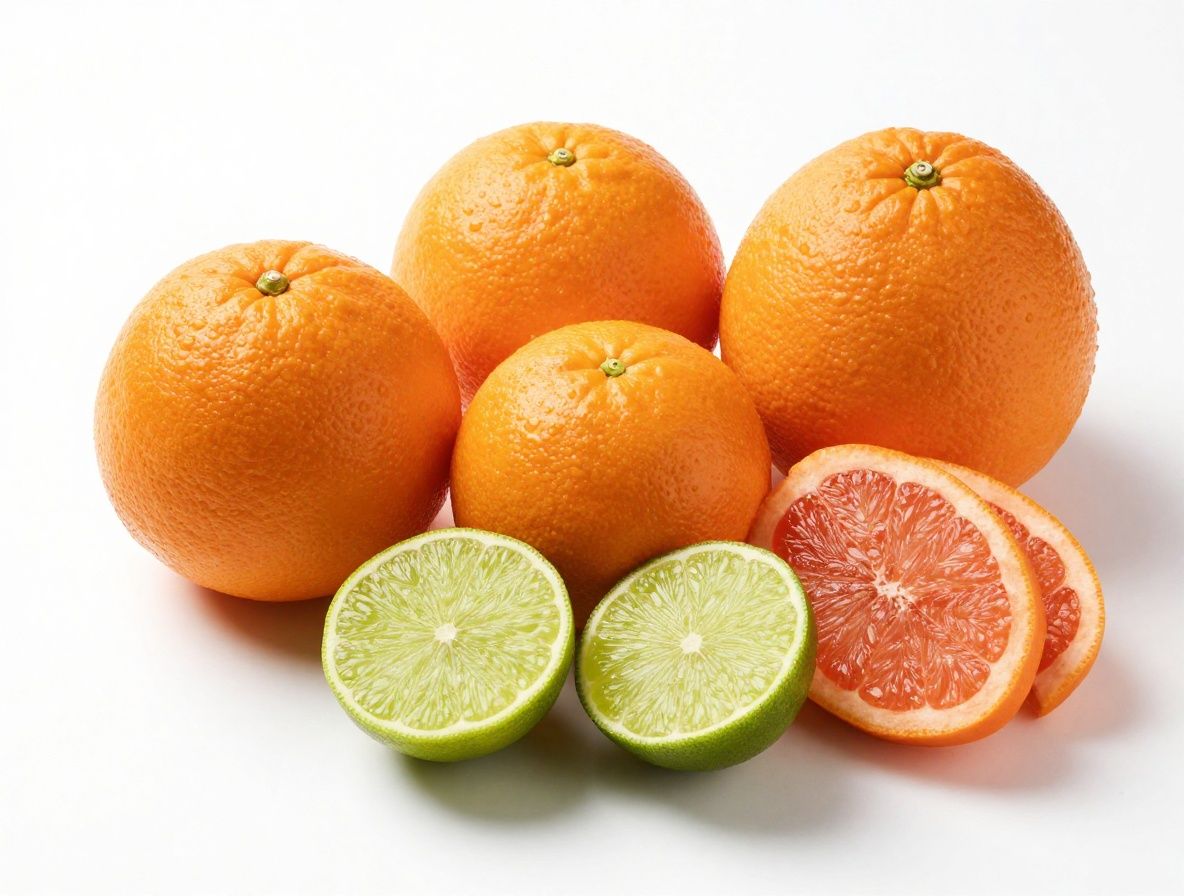 Disposición artística de frutas cítricas cortadas — naranja, limón y pomelo — sobre fondo blanco con luz lateral que resalta texturas y tonos vibrantes