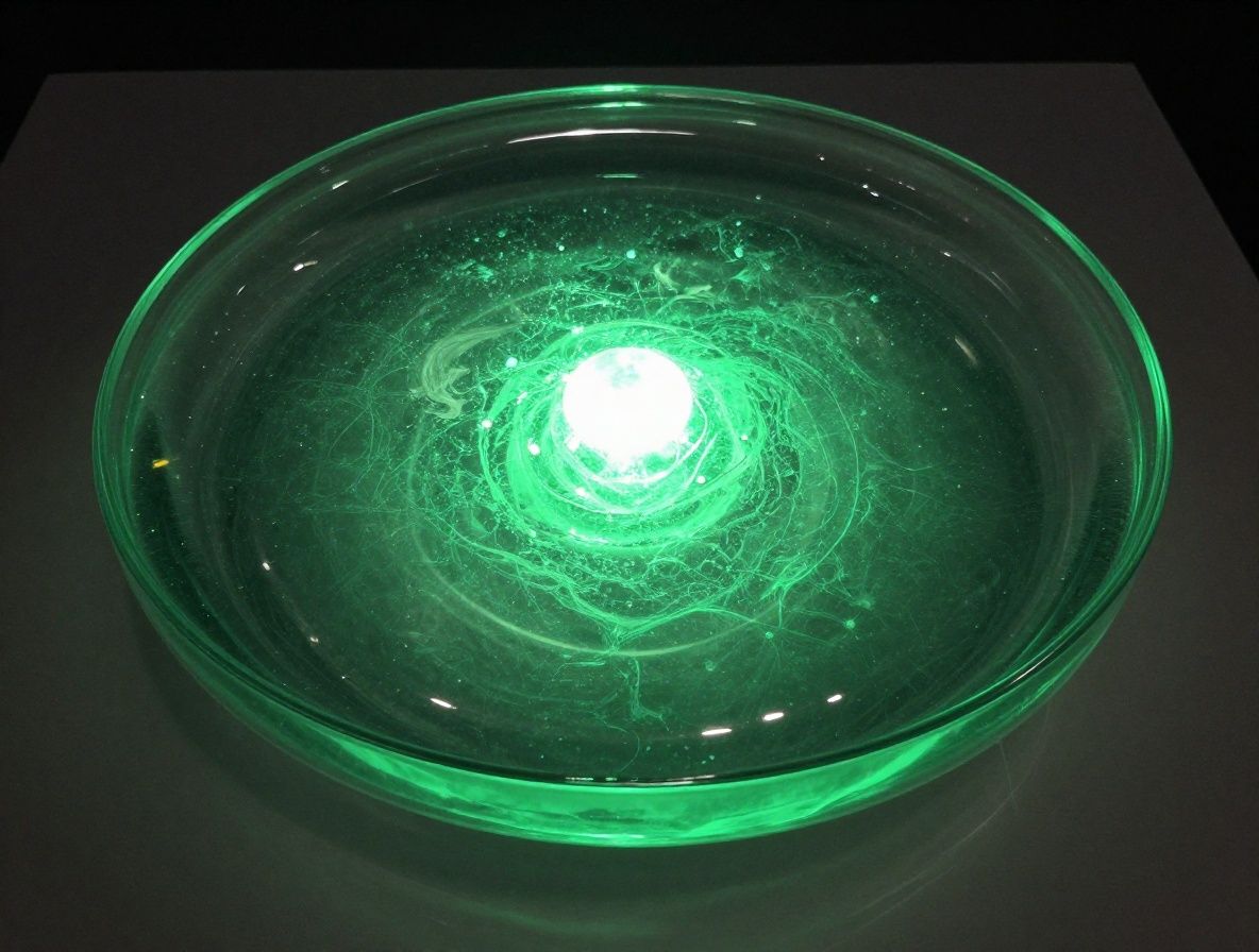 Colba esférica de vidrio borosilicato con solución verde translúcida sobre fondo oscuro con iluminación focal que crea destellos y sombras dramáticas en superficie del vidrio